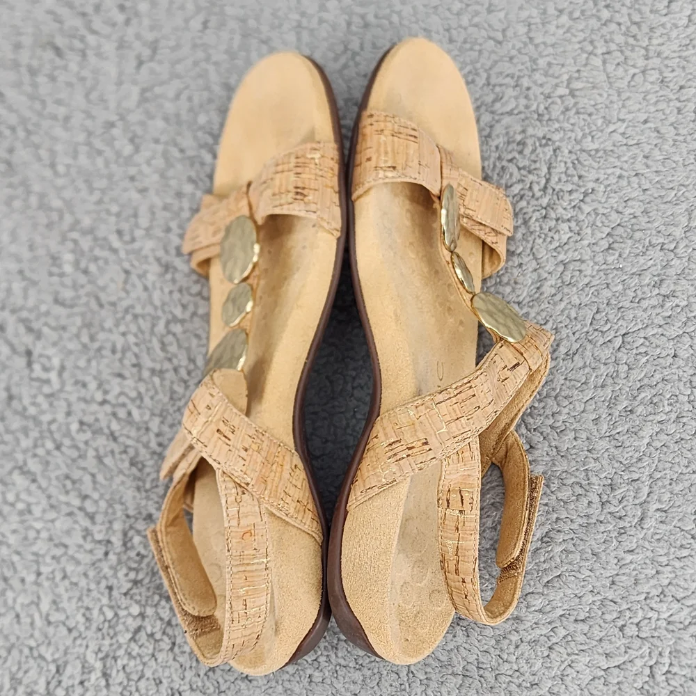Vionic Farra Tan Cork Sandals Sz 8 Gold Details Ankle Strap Comfort Boho - Picture 5 of 11